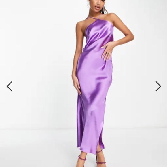 ASOS DESIGN halter satin midi dress with side slit and lace up back in purple - Picture 1 of 9